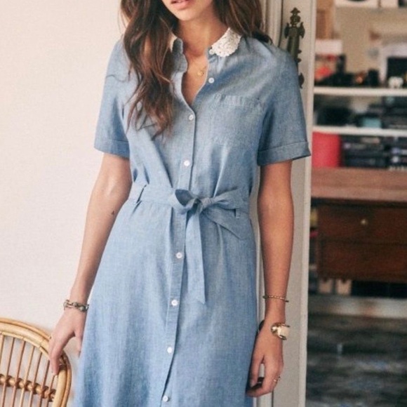 Sezane  Alex Lace Collar Linen Cotton Midi Shirt Dress  Size 38/6 - Picture 3 of 10